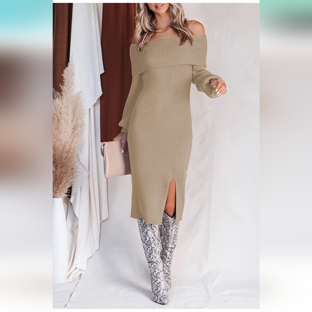 Womens Off Shoulder Lantern Sleeve Rib Knit Midi Sweater Dress. Size XL